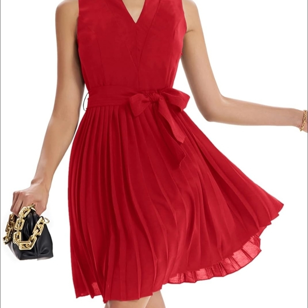 Grace Karin Red Tie Front Pleated Mini Dress